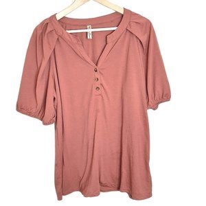 Perseption Concept Henley Knit Shirt Puffed Sleeve Pink Women's Plus Size 2XL
